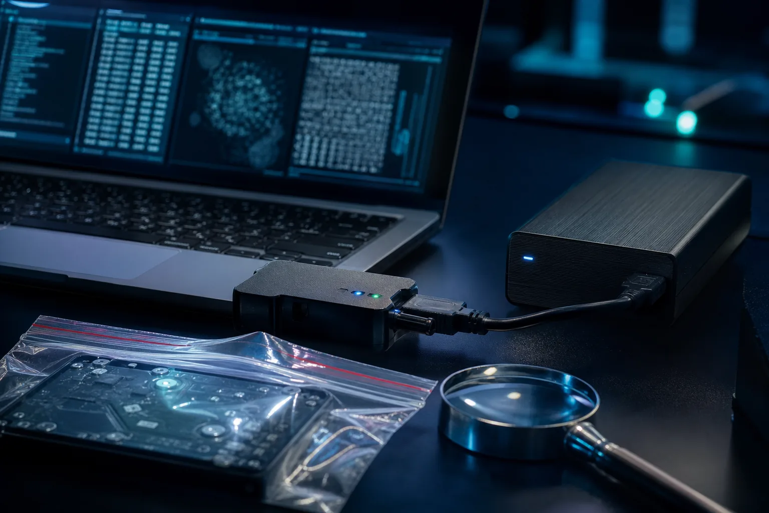 Estación de análisis forense digital con disco, bolsa de evidencia y lupa (imagen generada con IA)